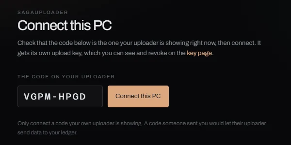 The Connect this PC page on sagaledger.com, showing the same code