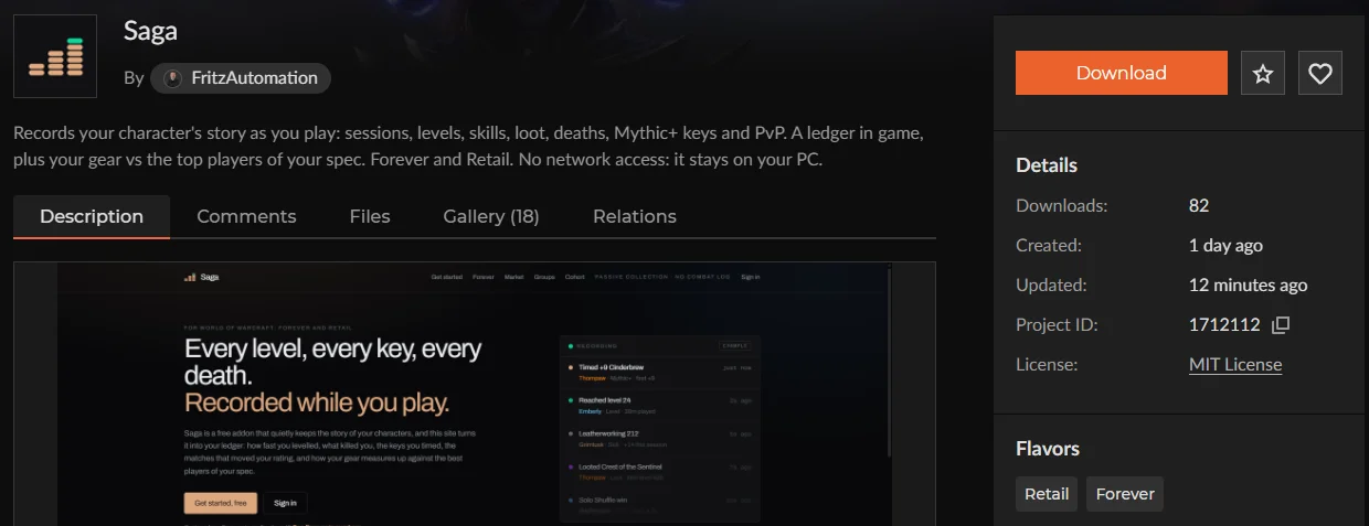 Saga on CurseForge, with its Download button and the Retail and Forever flavors